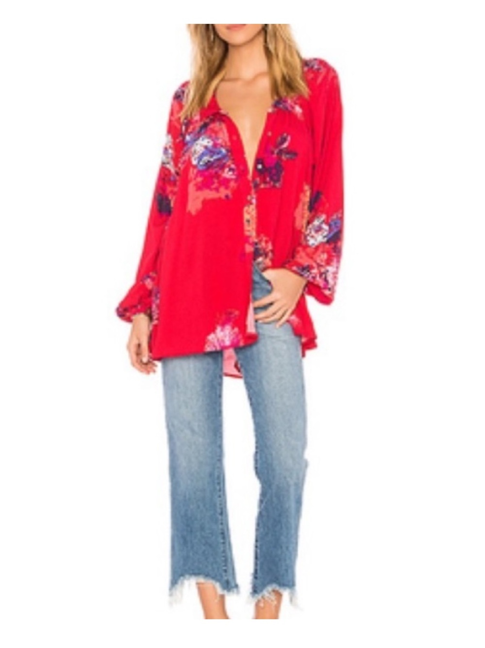 Sz L Free People Oversized Floral Button Down Blouse